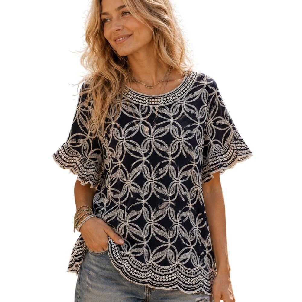 Solitaire Navy Allover Embroidered Top Womens Size 1X Scalloped Boho Blouse
